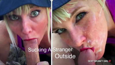 Une femme sournoise surprend un inconnu en train de se masturber dans le parc, puis lui suce la queue : du sperme sur son visage avec du sperme dans la rue.